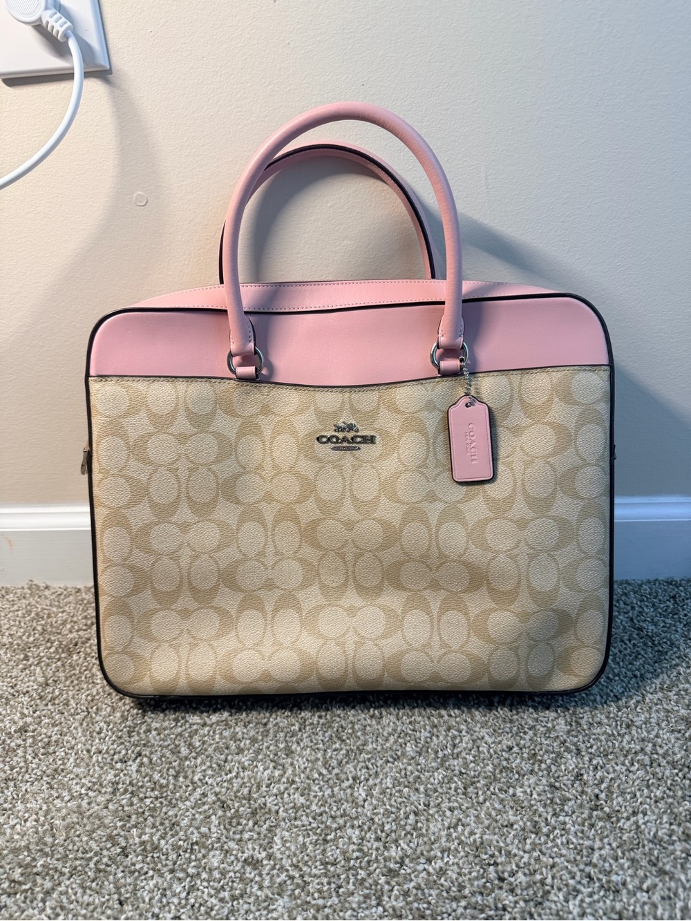 Coach Beige Signature Satchel with Pink Trim